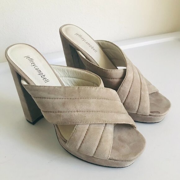 Jeffrey Campbell Taupe Suede Crisscross Slide Platform Sandal Size 8.5 - Picture 1 of 8